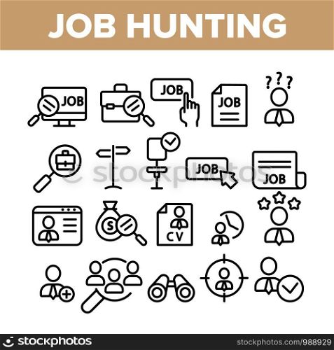 Job Hunting Collection Elements Icons Set Vector Thin Line. Magnifier With Suitcase And Computer, Web Site And Businessman Job Hunting Concept Linear Pictograms. Monochrome Contour Illustrations. Job Hunting Collection Elements Icons Set Vector