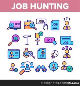 Job Hunting Collection Elements Icons Set Vector Thin Line. Magnifier With Suitcase And Computer, Web Site And Businessman Job Hunting Concept Linear Pictograms. Color Contour Illustrations. Job Hunting Color Elements Icons Set Vector