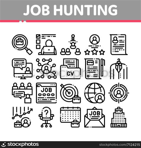 Job Hunting Collection Elements Vector Icons Set Thin Line. Hunting Business People And Recruitment Candidate, Team Work And Partnership Concept Linear Pictograms. Black Contour Illustrations. Job Hunting Collection Elements Vector Icons Set