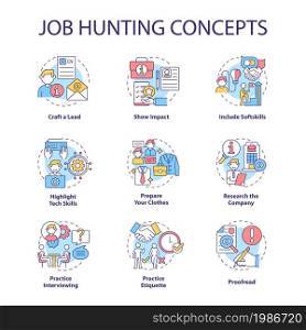 Job hunting concept icons set. Attracting talents idea thin line color illustrations. Human resource. Writing cv. Apply for position. Interviewing. Vector isolated outline drawings. Editable stroke. Job hunting concept icons set