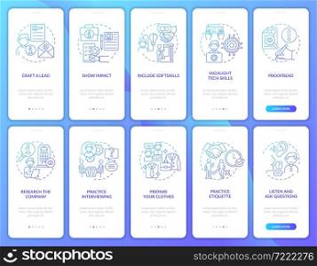 Job hunting gradient blue onboarding mobile app page screen set. Cv and interview walkthrough 5 steps graphic instructions with concepts. UI, UX, GUI vector template with linear color illustrations. Job hunting gradient blue onboarding mobile app page screen set