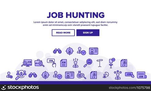 Job Hunting Landing Web Page Header Banner Template Vector. Magnifier With Suitcase And Computer, Web Site And Businessman Job Hunting Illustration. Job Hunting Landing Header Vector