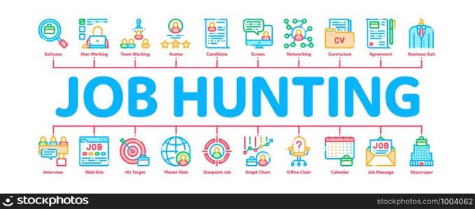 Job Hunting Minimal Infographic Web Banner Vector. Hunting Business People And Recruitment Candidate, Team Work And Partnership Concept Linear Pictograms. Contour Illustrations. Job Hunting Minimal Infographic Banner Vector