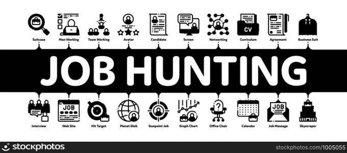 Job Hunting Minimal Infographic Web Banner Vector. Hunting Business People And Recruitment Candidate, Team Work And Partnership Concept Linear Pictograms. Contour Illustrations. Job Hunting Minimal Infographic Banner Vector