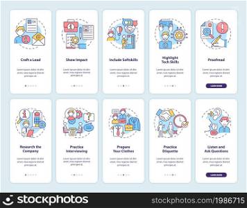 Job hunting onboarding mobile app page screen set. Cv and interview walkthrough 5 steps graphic instructions with concepts. UI, UX, GUI vector template with linear color illustrations. Job hunting onboarding mobile app page screen set