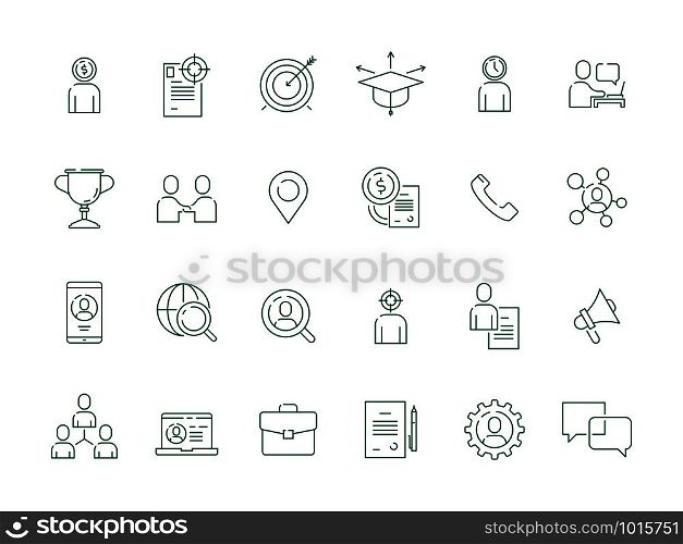 Job hunting. Professional workers top super manager personal employment vector thin icon collection. Illustration of hunting and recruitment candidate, hr organization icon set. Job hunting. Professional workers top super manager personal employment vector thin icon collection