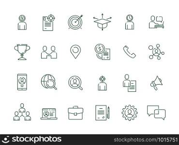 Job hunting. Professional workers top super manager personal employment vector thin icon collection. Illustration of hunting and recruitment candidate, hr organization icon set. Job hunting. Professional workers top super manager personal employment vector thin icon collection
