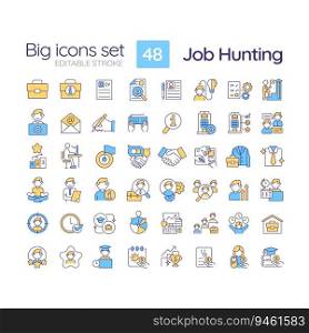 Job hunting RGB color icons set. Employment agency. Recruitment process. Human resources. Job search. Isolated vector illustrations. Simple filled line drawings collection. Editable stroke. Job hunting RGB color icons set