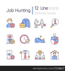 Job hunting RGB color icons set. Office outfit. Human resource. Recruitment process. Interview etiquette. Employment. Isolated vector illustrations. Simple filled line drawings collection. Job hunting RGB color icons set