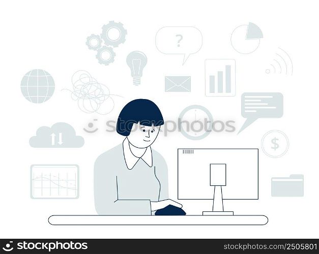 Job information flow. Self management, tiny businessman and computer with different news. Studying chaos and working stress, recent vector scene. Illustration of job flow information. Job information flow. Self management, tiny businessman and computer with different news. Studying chaos and working stress, recent vector scene