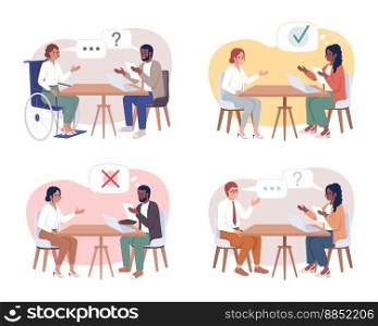 Job interview 2D vector isolated illustration set. Candidates and hr managers flat characters on cartoon background. Recruitment colorful editable scenes pack for mobile, website, presentation. Job interview 2D vector isolated illustration set