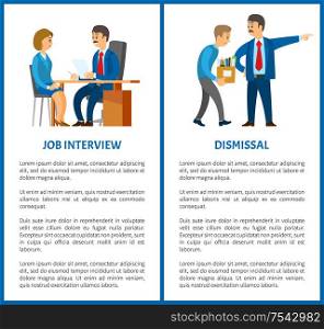 Job interview and dismissal of worker vector poster, text sample. Boss in suit and mustaches dismissing employee with box. Executive manager and bad executor. Job Interview and Dismissal Worker, Vector Poster