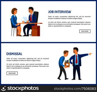 Job interview and dismissal of worker vector web poster. Boss in suit and mustaches dismissing employee with box. Executive manager and bad executor. Job Interview and Dismissal Worker, Vector Poster