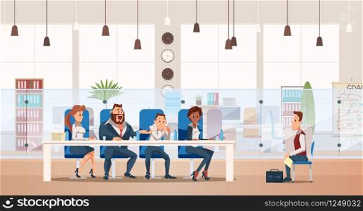 Job Interview and Recruiting Concept. Human Resources in Office. Teamwork during Interview. People Work in Office. Business Meeting at Office Space. Vector Illustration Flat style.. Job Interview and Recruiting. Vector Illustration.
