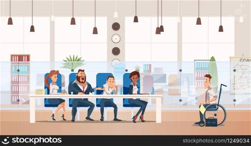 Job Interview and Recruiting Concept. Human Resources in Office. Teamwork during Interview. People Work in Office. invalid in wheelchair at Job Interview in Office. Vector Illustration Flat style.. Job Interview and Recruiting. Vector Illustration.