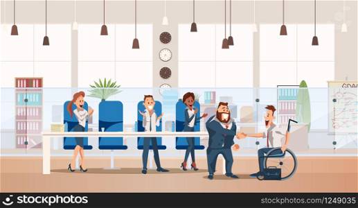 Job Interview and Recruiting Concept. Human Resources in Office. Teamwork during Interview. People Work in Office. invalid in wheelchair at Job Interview in Office. Vector Illustration Flat style.. Job Interview and Recruiting. Vector Illustration.