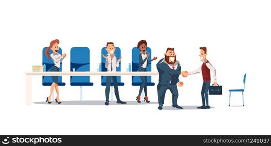 Job Interview and Recruiting Concept. Human Resources in Office. Teamwork during Interview. People Work in Office. Business Meeting at Office Space. Vector Illustration Flat style.. Job Interview and Recruiting. Vector Illustration.