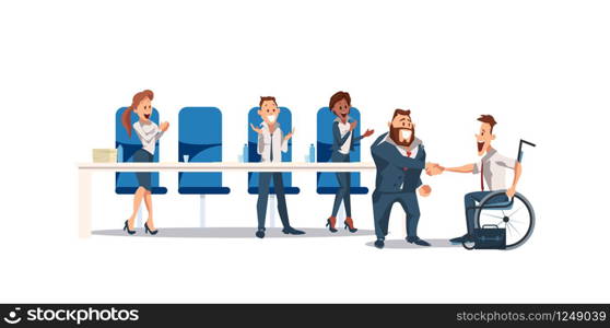 Job Interview and Recruiting Concept. Human Resources in Office. Teamwork during Interview. People Work in Office. invalid in wheelchair at Job Interview in Office. Vector Illustration Flat style.. Job Interview and Recruiting. Vector Illustration.