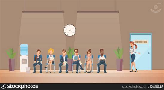Job Interview and Recruiting. Human Resources Interview Recruitment Job Concept. People sitting in Office. Recruitment Banner Set with Candidates for Work. Vector Illustration Flat style.. Job Interview and Recruiting. Vector Illustration.