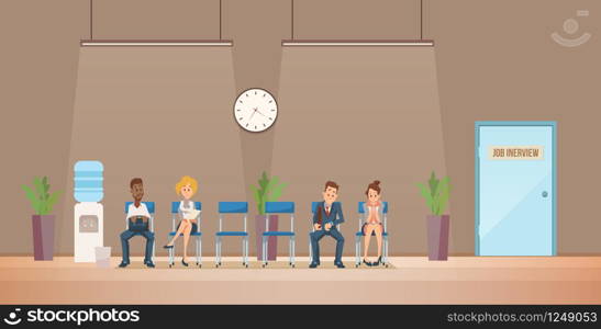 Job Interview and Recruiting. Human Resources Interview Recruitment Job Concept. People sitting in Office. Recruitment Banner Set with Candidates for Work. Vector Illustration Flat style.. Job Interview and Recruiting. Vector Illustration.