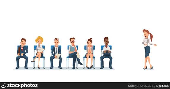 Job Interview and Recruiting. Human Resources Interview Recruitment Job Concept. People sitting in Office. Recruitment Banner Set with Candidates for Work. Vector Illustration Flat style.. Job Interview and Recruiting. Vector Illustration.