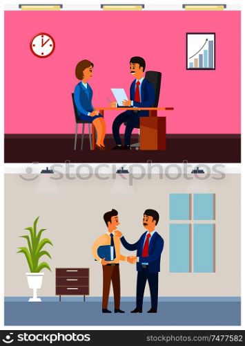 Job interview and working task, office routine. Boss and employees, hiring worker and paperwork arrangement, company interior vector illustrations.. Job Interview and Working Task, Office Routine