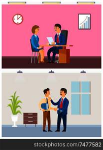 Job interview and working task, office routine. Boss and employees, hiring worker and paperwork arrangement, company interior vector illustrations.. Job Interview and Working Task, Office Routine
