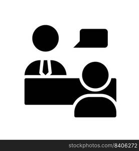 Job interview black glyph icon. Work conversation. Questioning candidate. Hiring process. Human resources. Silhouette symbol on white space. Solid pictogram. Vector isolated illustration. Job interview black glyph icon