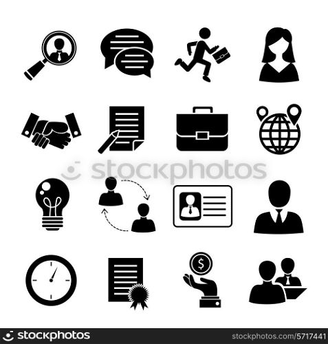 Job interview black icons set with job search interview recruitment isolated vector illustration.