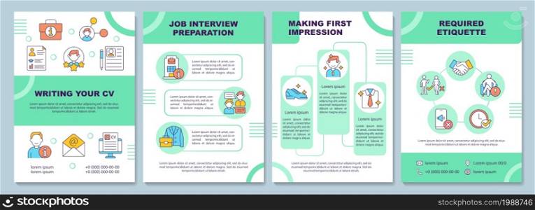 Job interview brochure template. Candidate interviewing. Flyer, booklet, leaflet print, cover design with linear icons. Vector layouts for presentation, annual reports, advertisement pages. Job interview brochure template