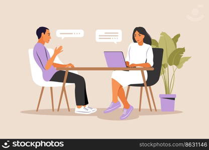 Job interview conversation. Hr manager and job candidate meeting for interview. Vector illustration. Flat.