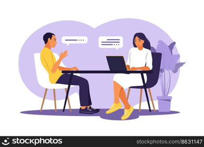 Job interview conversation. Hr manager and job candidate meeting for interview. Vector illustration. Flat.