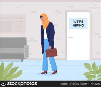 Job interview failure flat color vector illustration. Unemployment problem. Dismissed employee. Deniend of work position. Sad woman 2D cartoon characters with office interior on background. Job interview failure flat color vector illustration