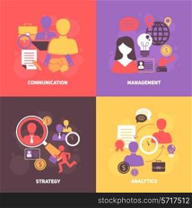 Job interview flat icons set with communication management strategy analytics isolated vector illustration