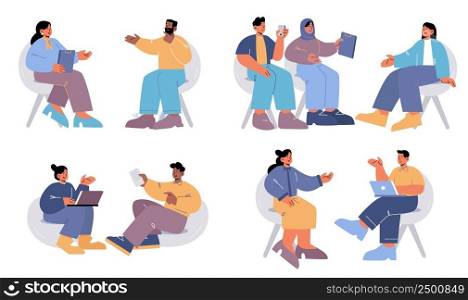 Job interview, Hr employee talk with candidates. Hiring department, work employment, recruitment, negotiation and introduction with future worker business concept, Linear flat vector illustration, set. Job interview, Hr employee talk with candidates