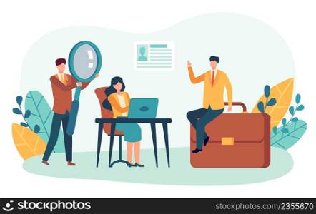 Job interview. HR specialist checking candidate with magnifying glass. Hiring new employee. Worker sitting on briefcase. Managers organizing recruiting process for position vector illustration. Job interview. HR specialist checking candidate with magnifying glass. Hiring new employee. Worker sitting on briefcase