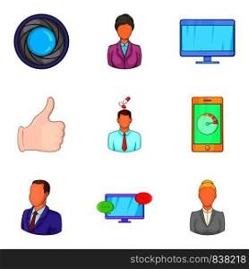 Job interview icons set. Cartoon set of 9 job interview vector icons for web isolated on white background. Job interview icons set, cartoon style