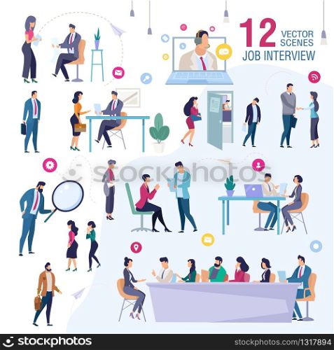 Job Interview in Office Trendy Flat Vector Scenes Set. Female, Male Job Applicants, Work Candidates Waiting for Interview, Talking with HR Manager, Presenting Himself for Company CEO Illustration