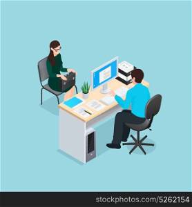 Job Interview Isometric Illustration. Job interview scene with personnel manager at workplace and woman candidate on blue background isometric vector illustration