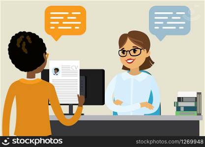 Job interview, job search concept, human resources,african american female with resume,cartoon vector illustration