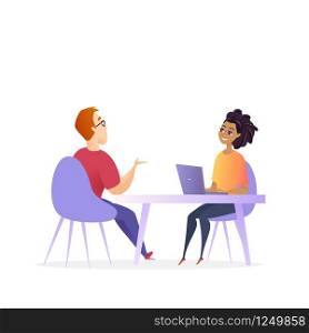 Job Interview Meeting. Hr Manager Vector Character. Woman by Laptop make Conversation with Man for Business Corporate Position. Effective Hiring Research Concept. Recruitment Cartoon Illustration. Job Interview Meeting. Hr Manager Vector Character