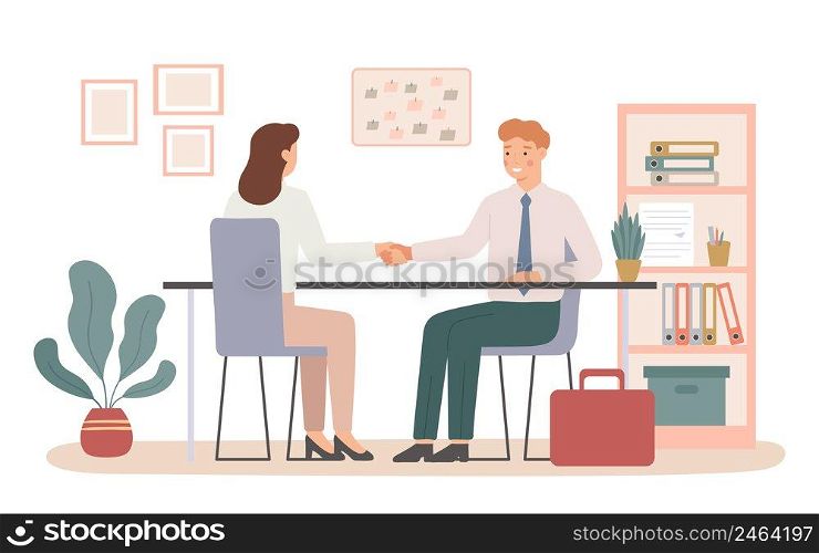 Job interview, promote to work, deal with boss. Vector business recruitment employee, work candidate illustration, office vacancy and hr. Job interview, promote to work, deal with boss
