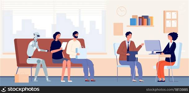 Job interview queue. People and robot sitting in waiting line in office. HR agency, recruitment and hiring concept. Robotization vector illustration. Android in queue with people at office. Job interview queue. People and robot sitting in waiting line in office. HR agency, recruitment and hiring concept. Robotization vector illustration