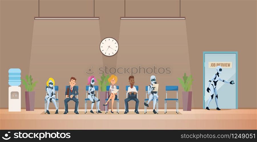 Job Interview Recruiting and Robots. Human Resources Interview Recruitment Job Concept. Modern Technologies in Office. Recruitment banner Set with Candidates for Work. Vector Illustration Flat style.. Job Interview Recruiting and Robots. Vector.