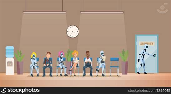 Job Interview Recruiting and Robots. Human Resources Interview Recruitment Job Concept. Modern Technologies in Office. Recruitment banner Set with Candidates for Work. Vector Illustration Flat style.. Job Interview Recruiting and Robots. Vector.