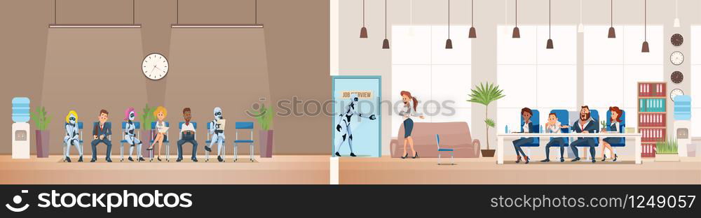 Job Interview Recruiting and Robots. Human Resources Interview Recruitment Job Concept. Modern Technologies in Office. Recruitment Banner Set with Candidates for Work. Vector Illustration Flat style.. Job Interview Recruiting and Robots. Vector.