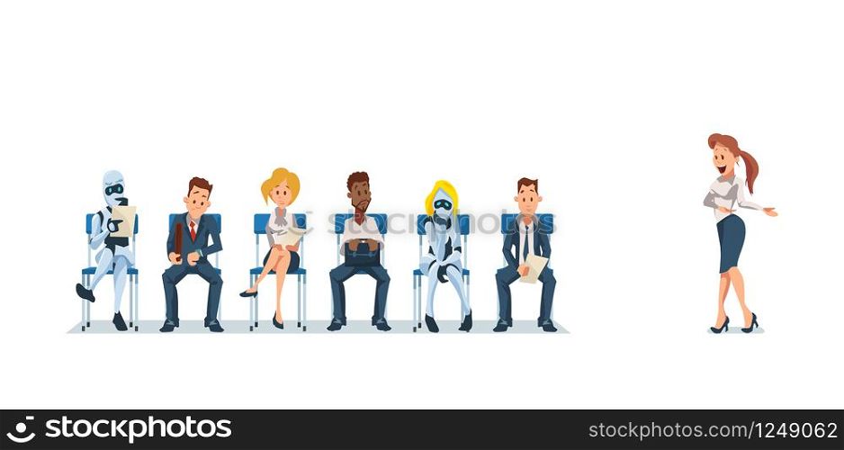 Job Interview Recruiting and Robots. Human Resources Interview Recruitment Job Concept. Modern Technologies in Office. Recruitment Banner Set with Candidates for Work. Vector Illustration Flat style.. Job Interview Recruiting and Robots. Vector.