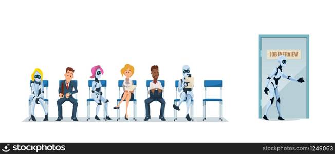Job Interview Recruiting and Robots. Human Resources Interview Recruitment Job Concept. Modern Technologies in Office. Recruitment Banner Set with Candidates for Work. Vector Illustration Flat style.. Job Interview Recruiting and Robots. Vector.