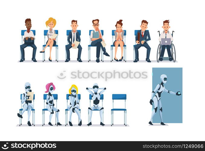 Job Interview Recruiting and Robots. Human Resources Interview Recruitment Job Concept. Modern Technologies in Office. Recruitment Banner Set with Candidates for Work. Vector Illustration Flat style.. Job Interview Recruiting and Robots. Vector.