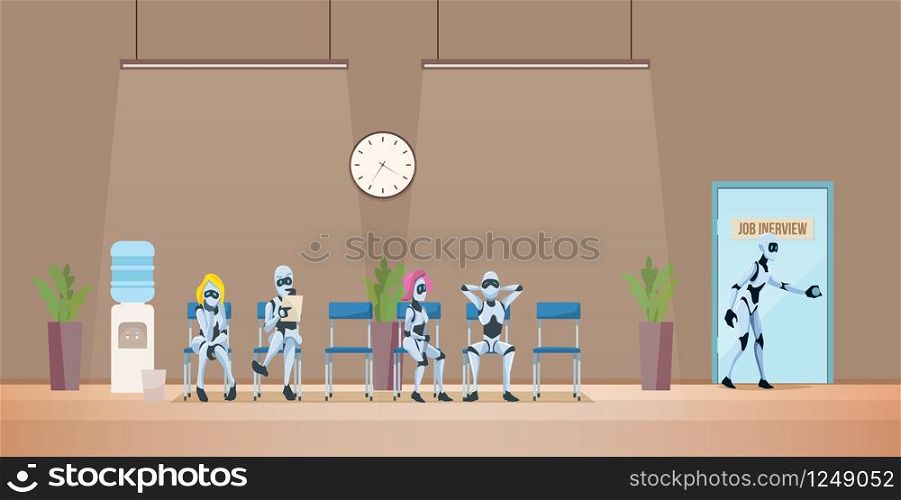 Job Interview Recruiting and Robots. Modern Technologies and Artificial Intelligence in Office. Recruitment Banner Set with Bots Candidates for Work. Vector Illustration Flat style.. Job Interview Recruiting and Robots. Vector.